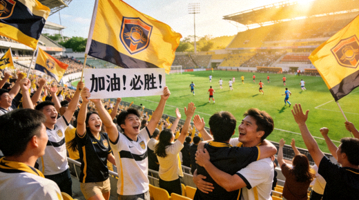 球迷在看台上为球队加油庆祝的比赛现场画面